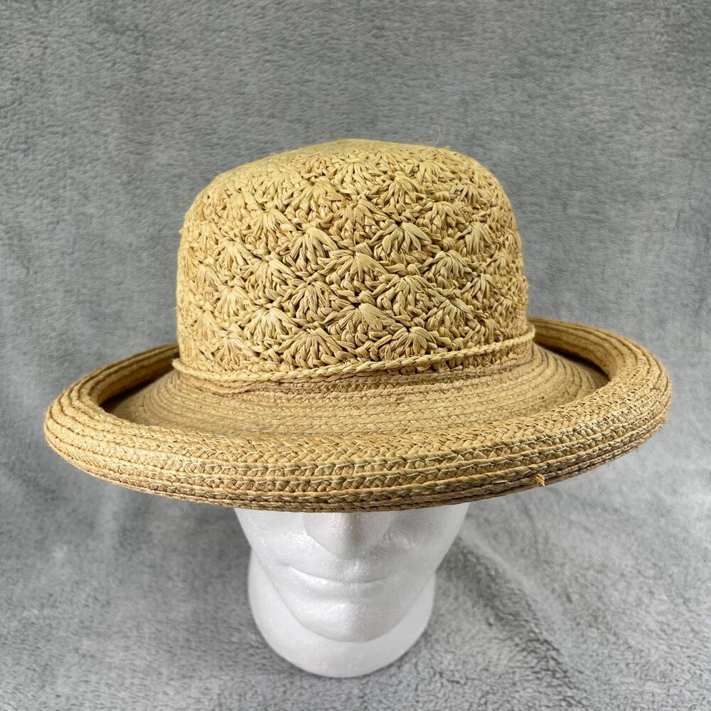 Callanan Handmade Hat Womens OS Raffia Natural Fiber Crochet Rolled Brim Panama